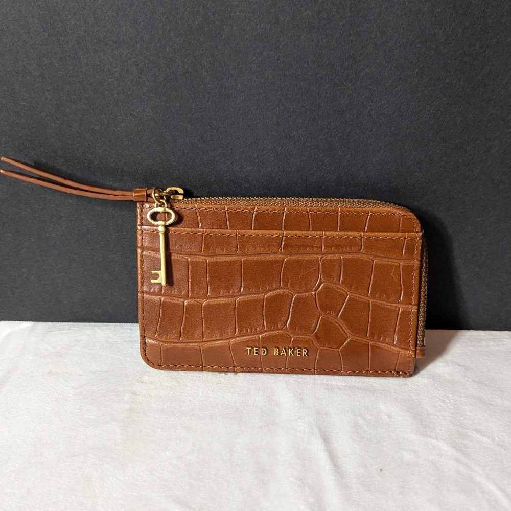 Ted Baker London Tan Brown Croc Embossed Leather Zip Card Holder Wallet KeyCharm